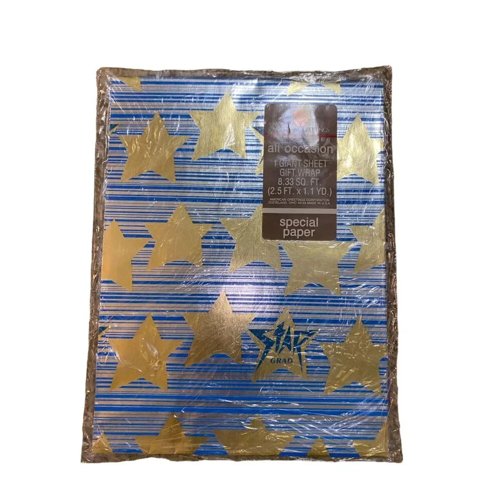 Vintage American Greetings Star Grad Gift Wrap NEW Blue Gold Star Metallic Gradu